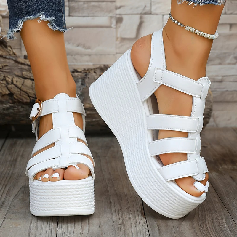 Roman Style Womens Wedge Heel Sandals Thick Bottom Buckle Strap Gladiator Woman Summer White Chunky Platform Sandalias 260626 - view 3