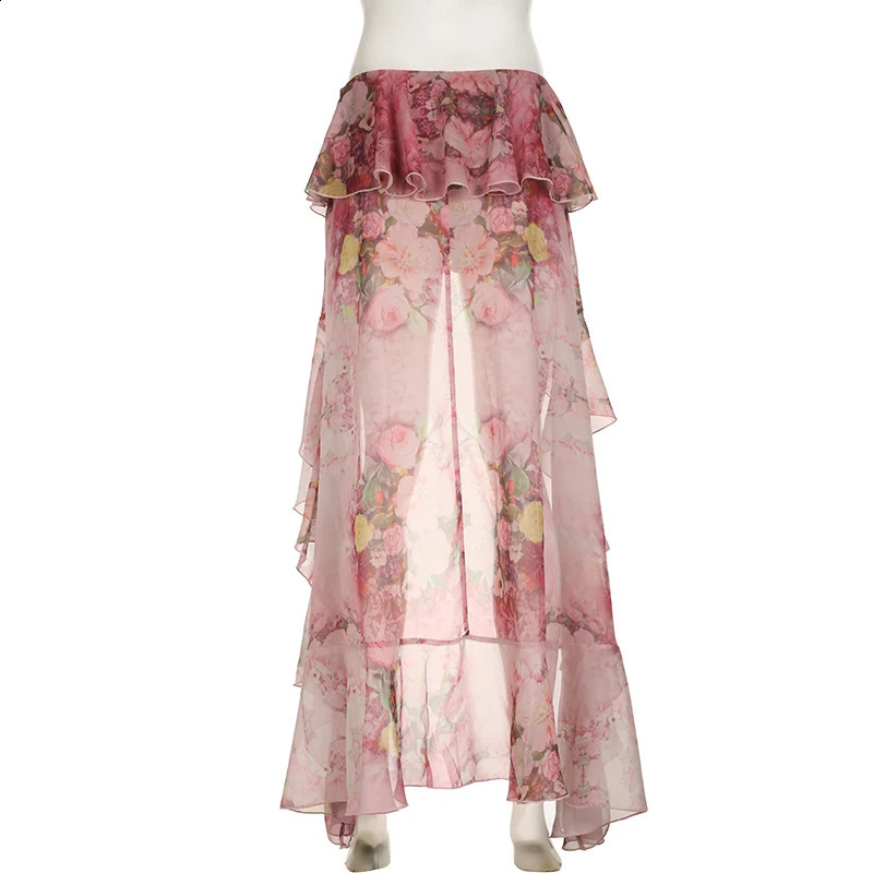 SUCHCUTE Y2K Vacation Floral Printed Long Skirts Holiday Beach Sexy Low Waist Aesthetics Lace Skirt Women Grunge Party Outfits 260626 - view 7