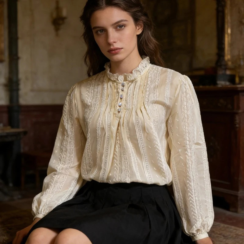Spring Summer Vintage Lace Embroidered Blouse for Women Stand Collar Puff Long Sleeve Thin Shirt Elegant Victorian Style Top 260626 - view 3