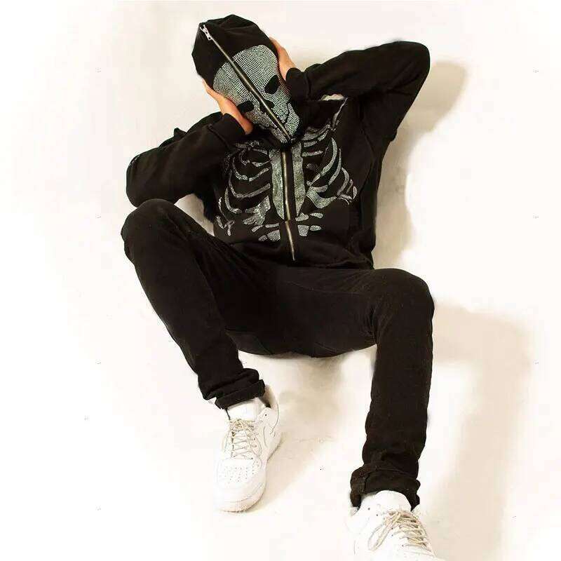 Full Zip Up Hoodie Rhinestone Skeleton Goth Sweatshirt Sport Couple Outfit Black Long Sleeve Oversized Grunge Y2k Hip Hop Jacket W260626 - view 4