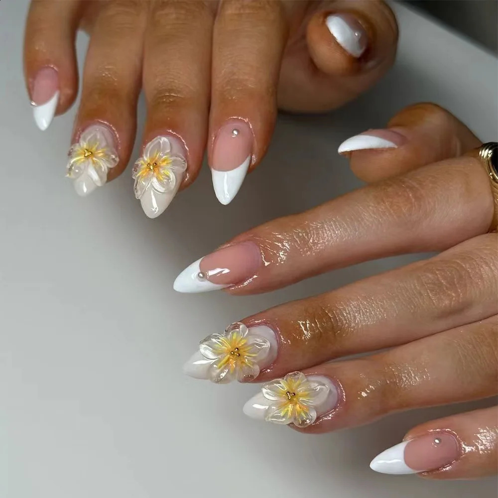 24Pcs Yellow French Full Cover Nails Tips Mid-length Almond Detachable False Nails 3D Flower Pearl Starburst Press on Fake Nails 260626 - view 5