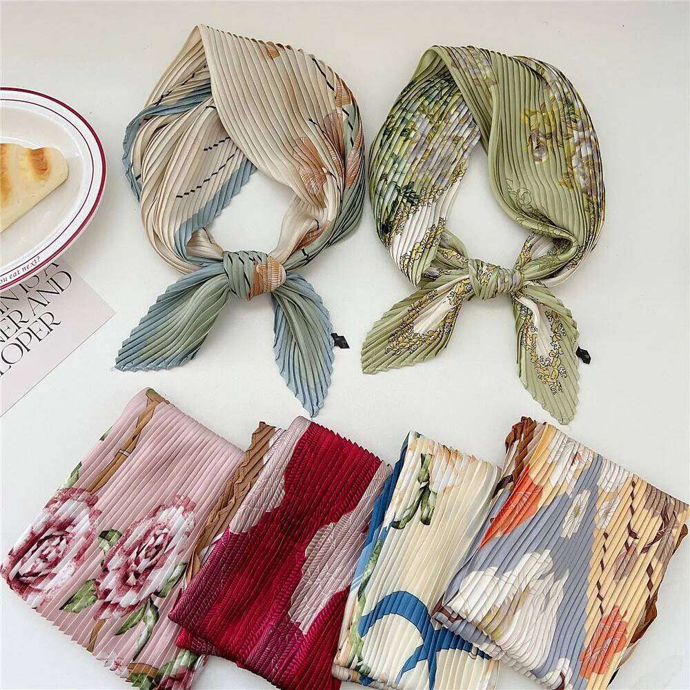 70cm Small Shawl Wraps Fashion Vintage Pleated Silk Crinkle Square Silky Neck Scarves Peony Flower Print Hair Scarf 26Y06226