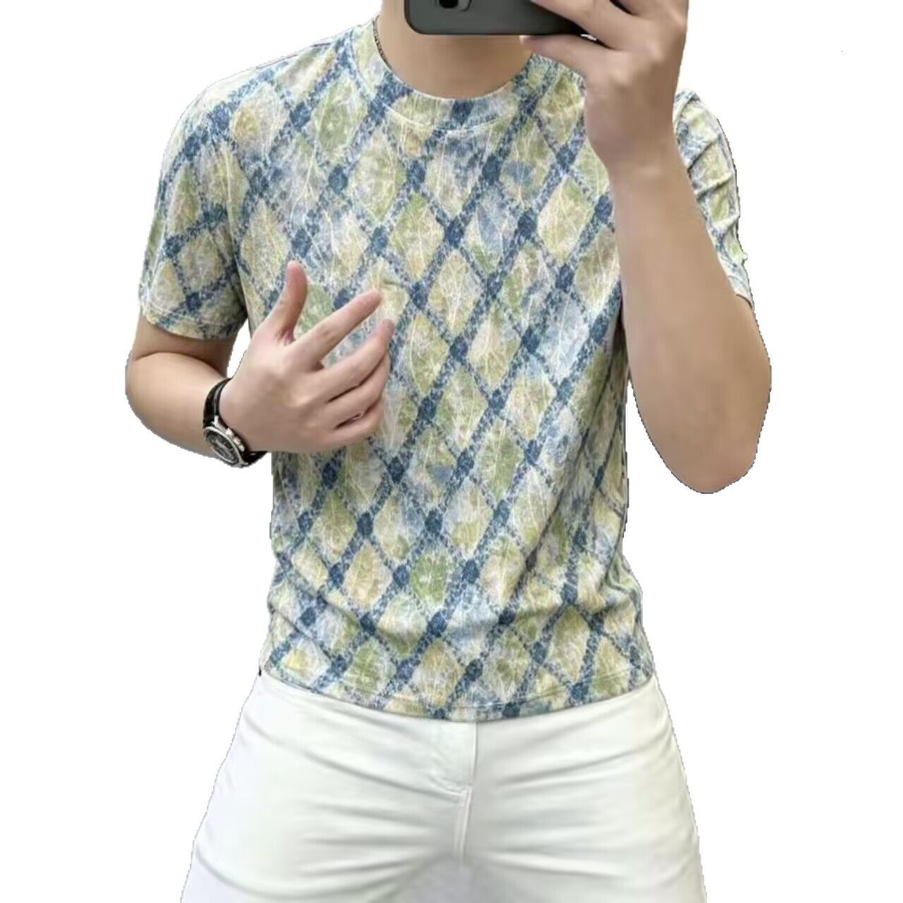 High-End Ice Silk Color-Block Men's Short-Sleeve Breathable Versatile Casual Hollow-Out T-Shirt With Round Neck - view 6