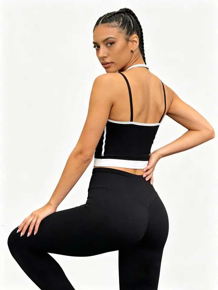 Yoga Set 2 Piece Womens Black White Contrast Sports Tank Top High Waist Leggings Workout Gym Fitness Activewear Tracksuit M260626 - view 7