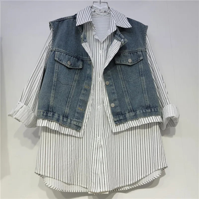 SuperAen Korean Style Fashion Short Denim Vest Women Autumn lapel Collar Simple Vintage Striped Loose Shirts 260626 - view 4