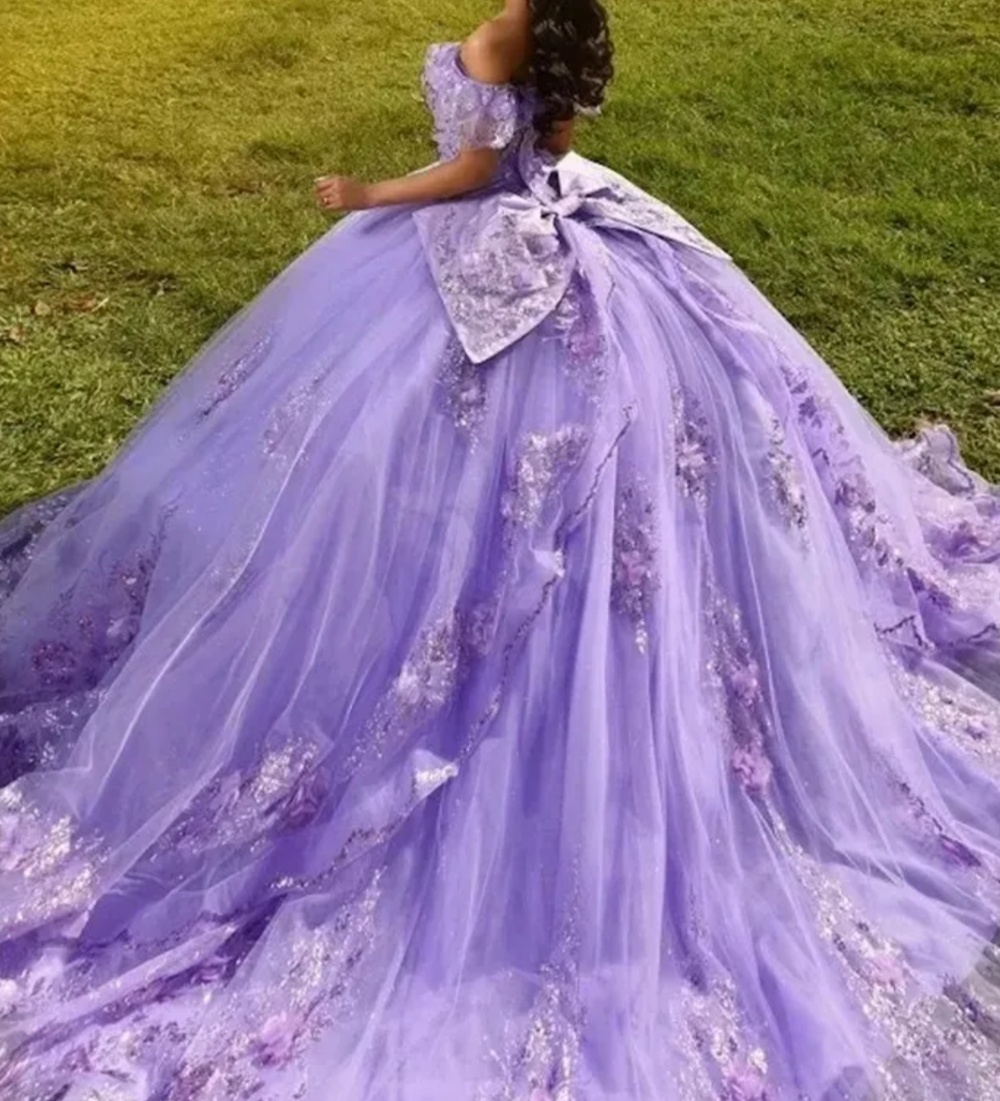Light purple off-shoulder short-sleeve dress with a big bow on the back, glitter tulle train, and full skirt Quinceanera dreamy princess dress - view 3