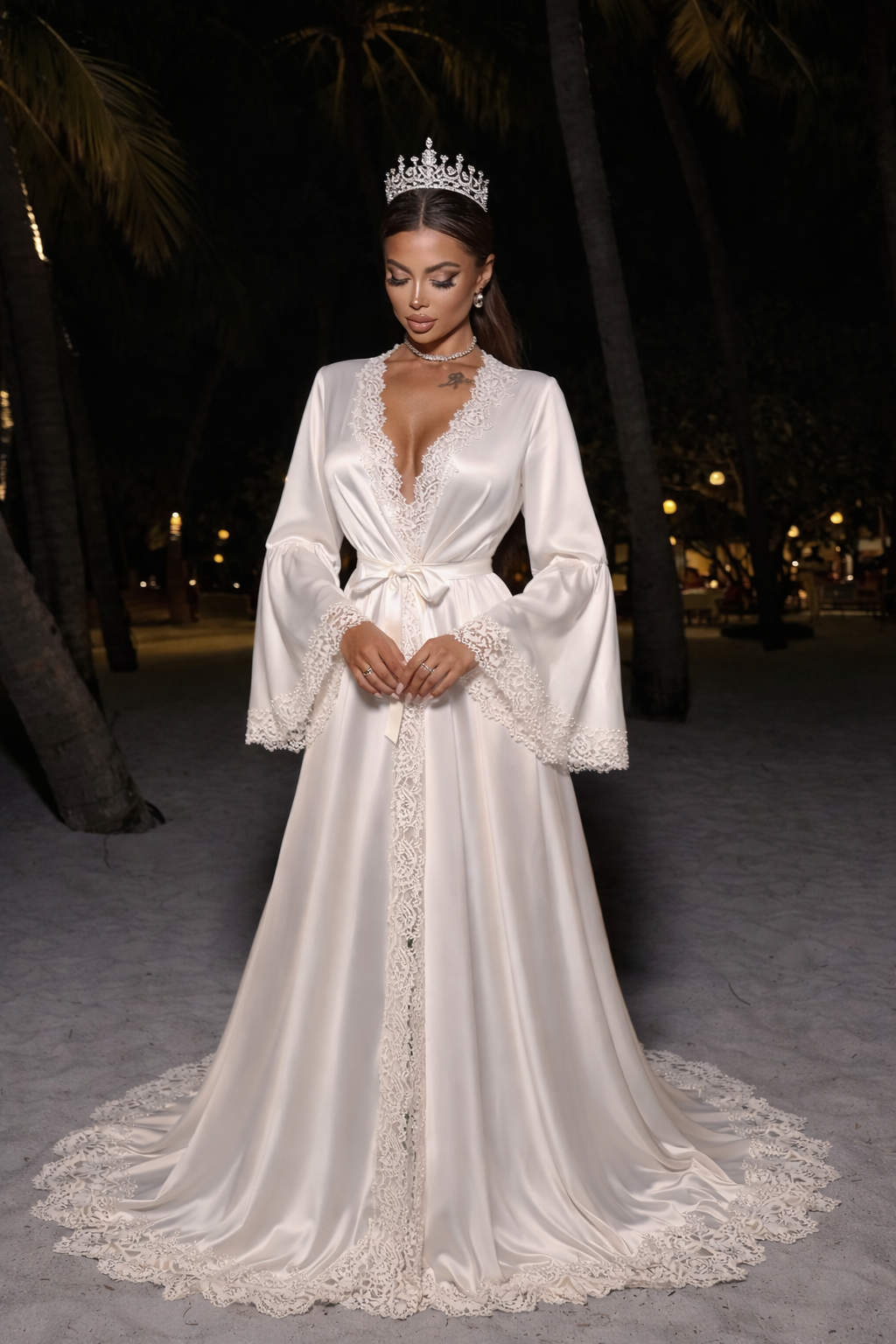 Graceful Silk Robe Dress Lace Bath Gown Long Sleeves Pregnant Wedding Anniversary Bride Sleepwear Nightwear Custom Made - view 3