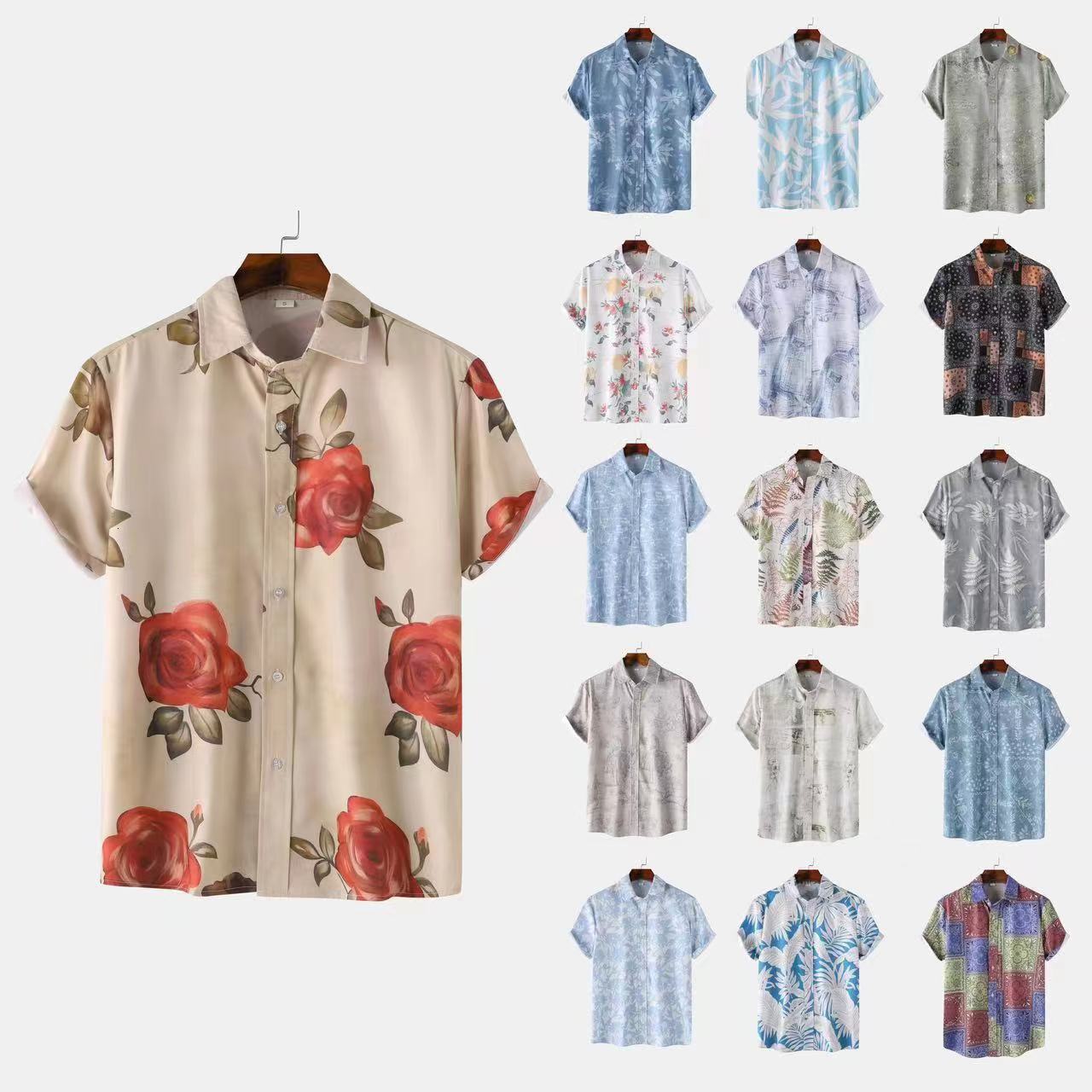 2024 Mens Stand Collar Floral Short Sleeve Shirt
