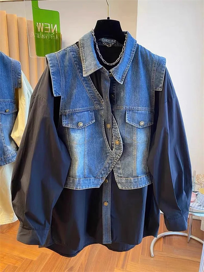 European Goods Fat MM Thin Belly Fake Two-Piece Shirt loose Tibetan Meat Autumn n Sense Denim Stitching Long-sleeved Shirt 260626 - view 6