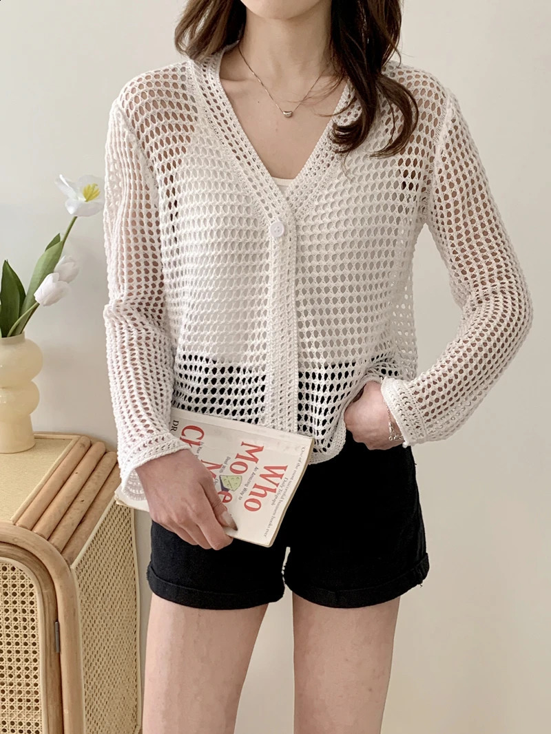 Single Button Crochet Mesh Cardigan for Women Semi Sheer Openwork Sunscreen Jacket Cover Up Summer Hollow-out Knitted Cardigan 260626 - view 7