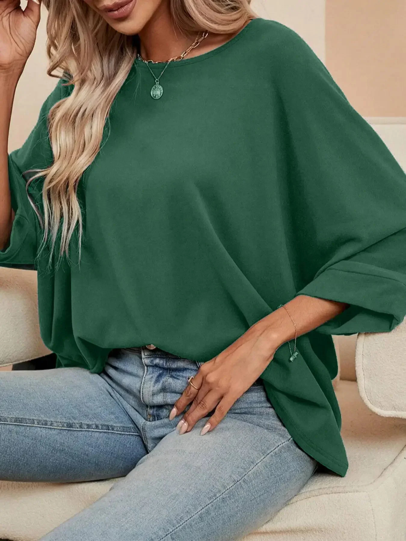 Plus Size Womens Fashionable Spring Autumn Long Sleeved T-shirt Ladies Casual O-neck Solid Color Bat Sleeve T-shirt Loose Tops 260626 - view 7