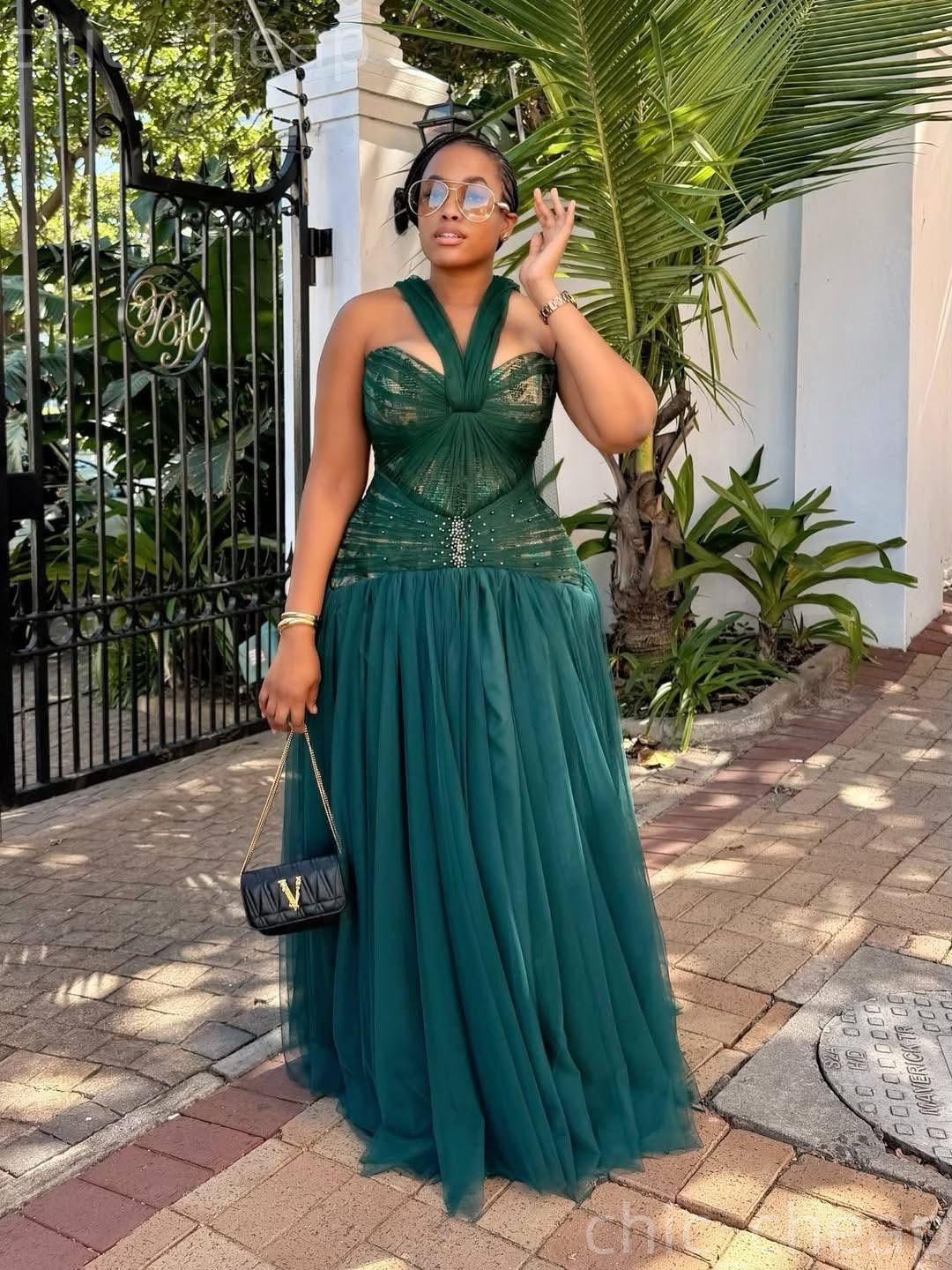 2026 Hunter Green A-line Summer Beach Party Dress Spaghetti Printed Beaded Tulle Long Gowns Birthday Formal Cocktail Casual Dresses For Dinner Club We - view 4
