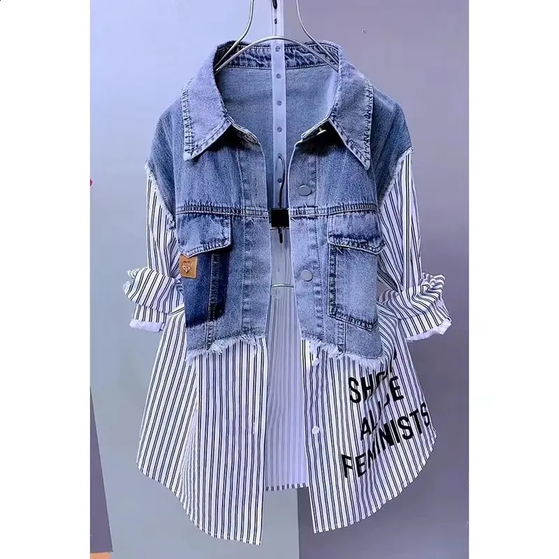 Women Denim Blouse Jacket Spring Autumn Korean Splicing Ladies Cowboy Shirt Tops Casual Stripe Female Windbreaker 260626 - view 3