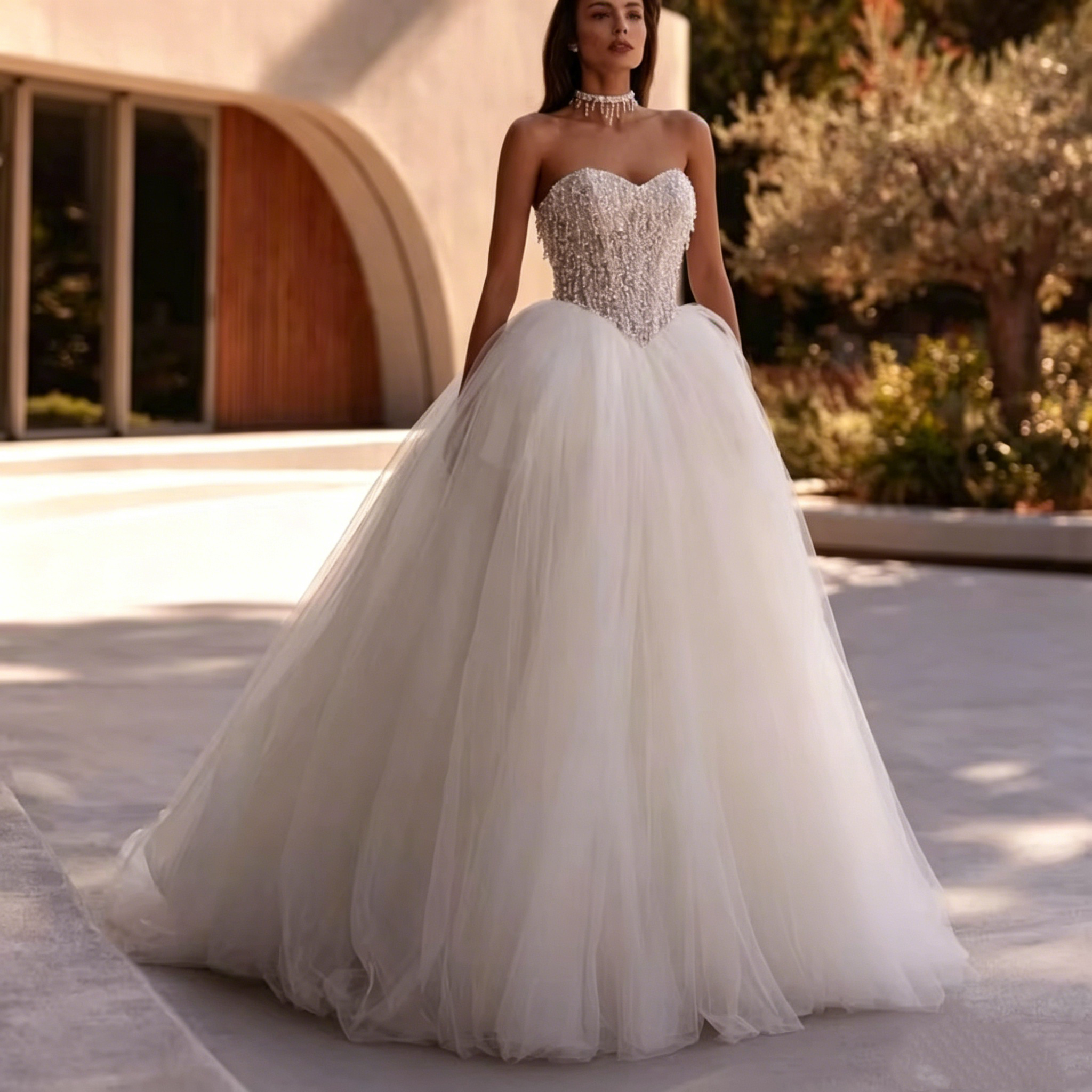 Elegant A Line Wedding Dress For Women Strapless Sleeveless Bridal Gown Pearls Sweep Train Dresses Custom Made vestidos de novia - view 3