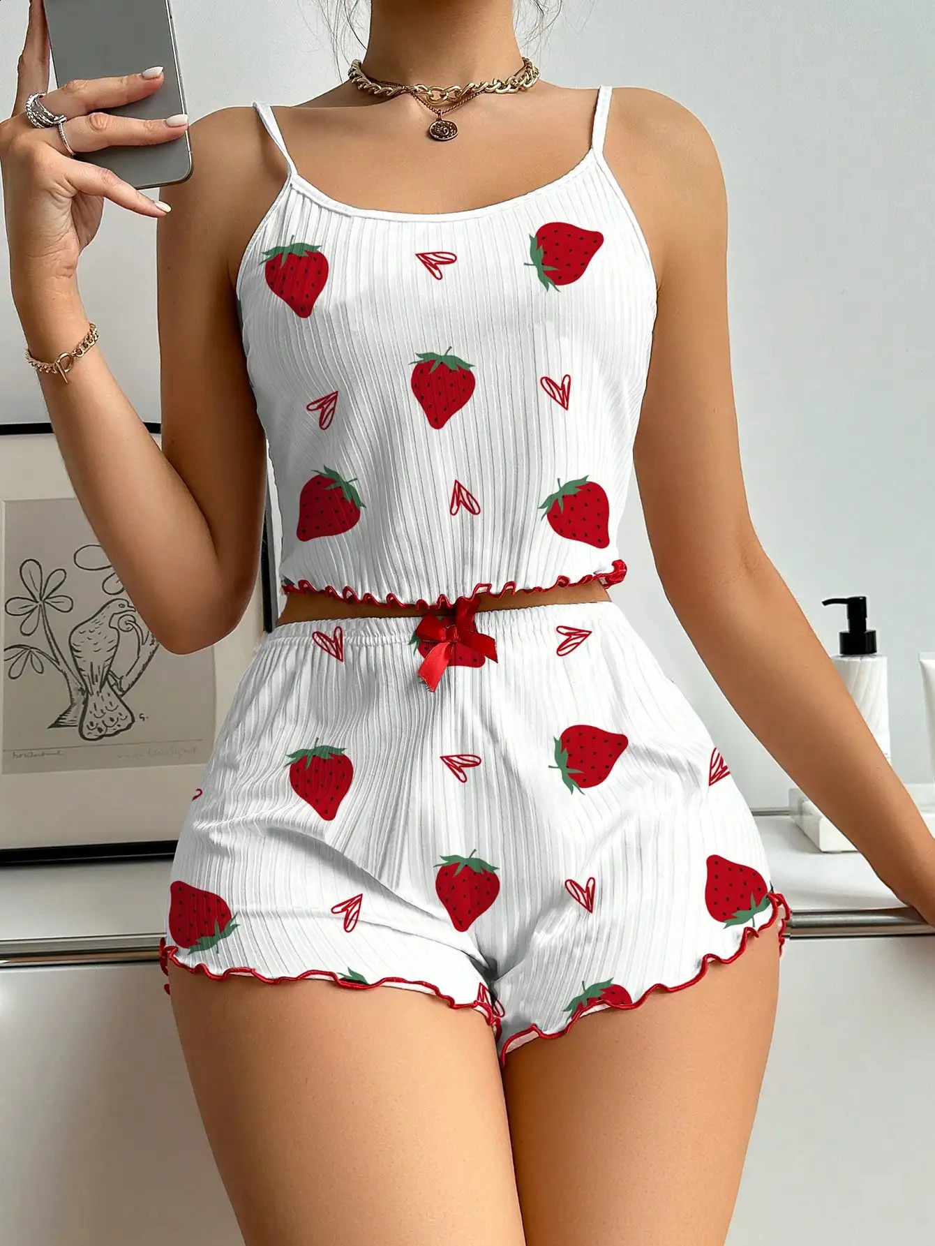 Strawberry Printing Casual Camisole Vest Tops and Shorts 2 Pieces Pajamas Set Womens Summer Sleepwear Loungewear 260625 - view 4