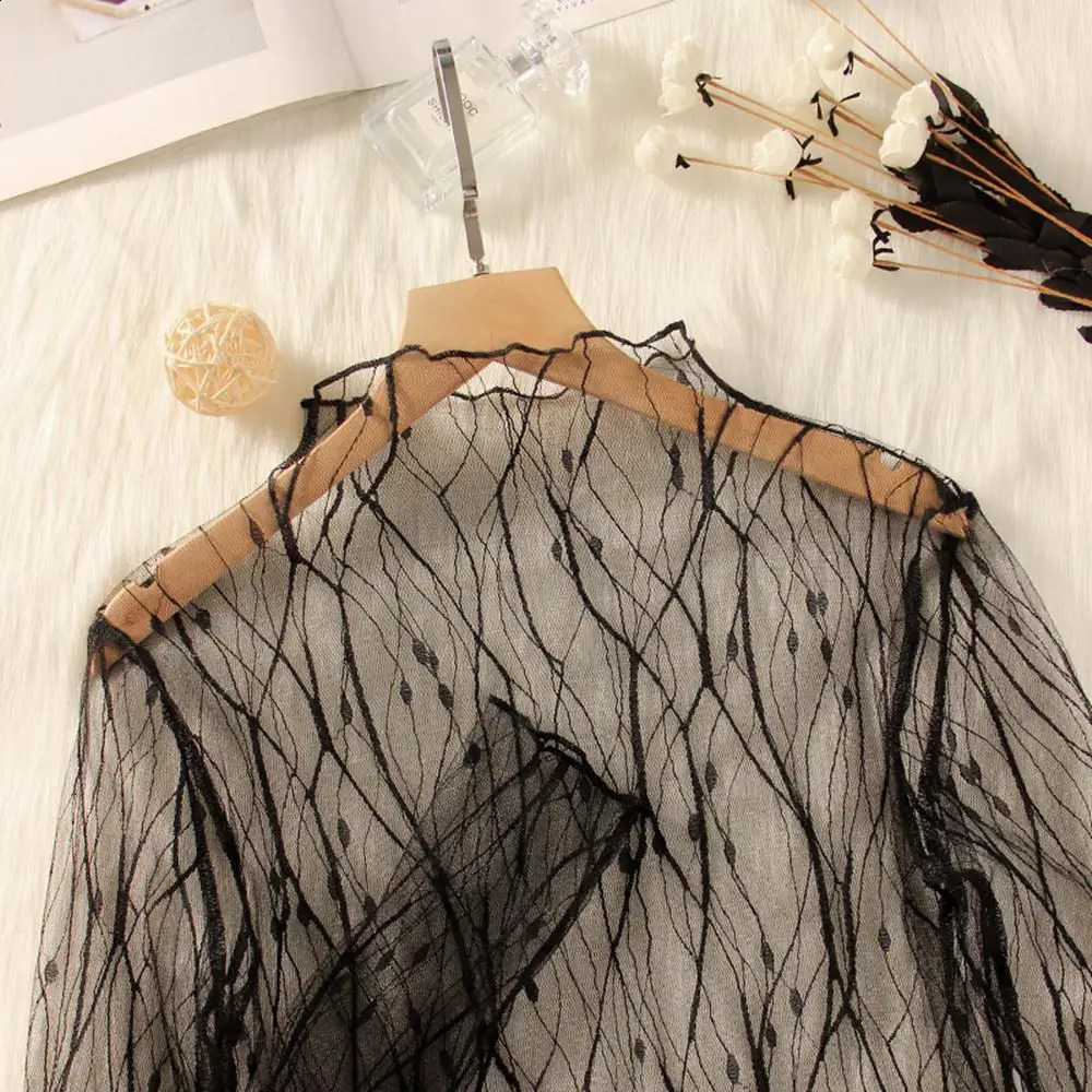 Lace Sheer Womens T-Shirt Fashion Mesh Summer Thin Bottom Shirt Transparent Long Sleeve Blouses Ladies Tops High Neck Tee Soli 260626