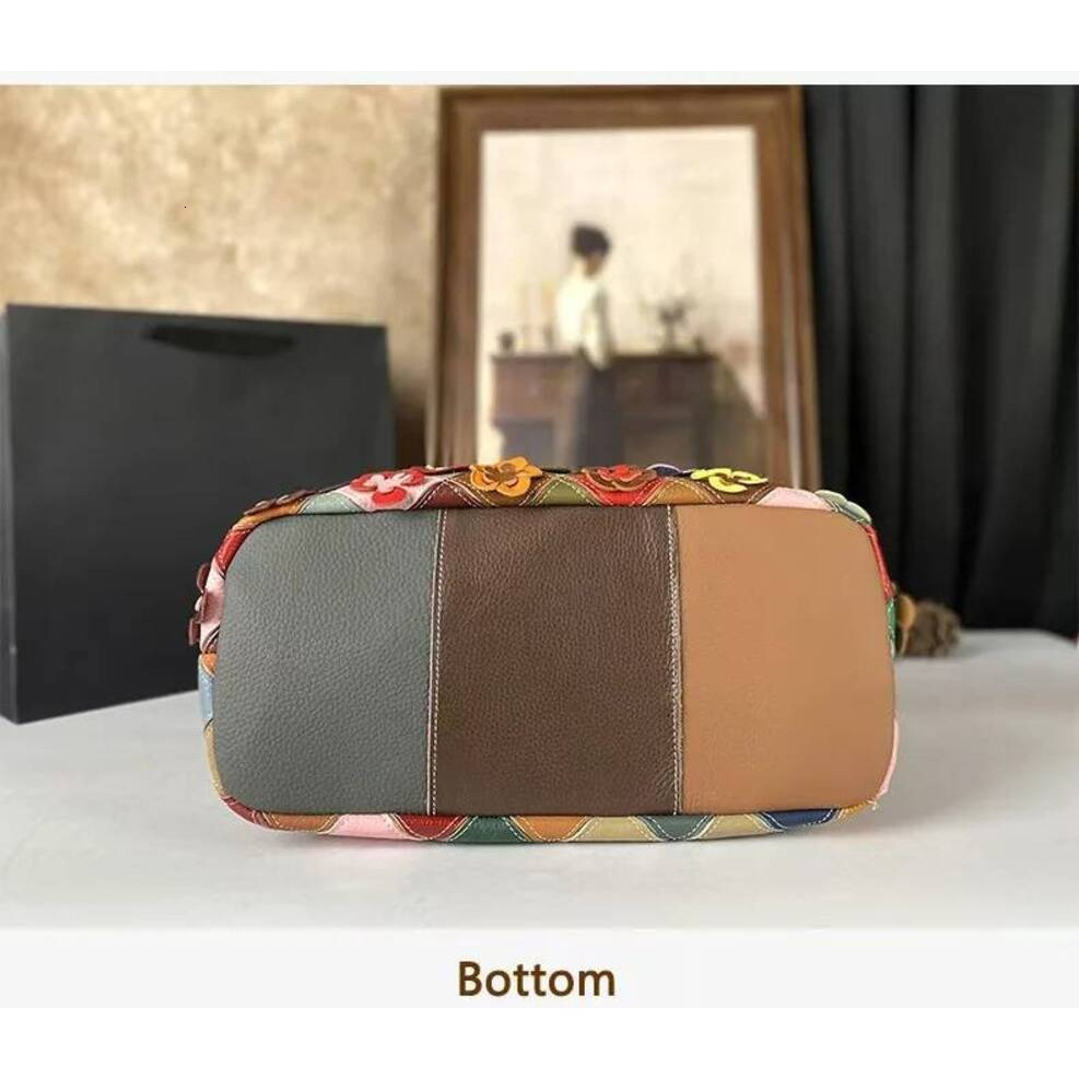 Genuine Leather Handmade Splicing Flower Crossbody Bags For Woman Random Scheme Cowhide Shell Bag Contrast Color Handbag - view 6