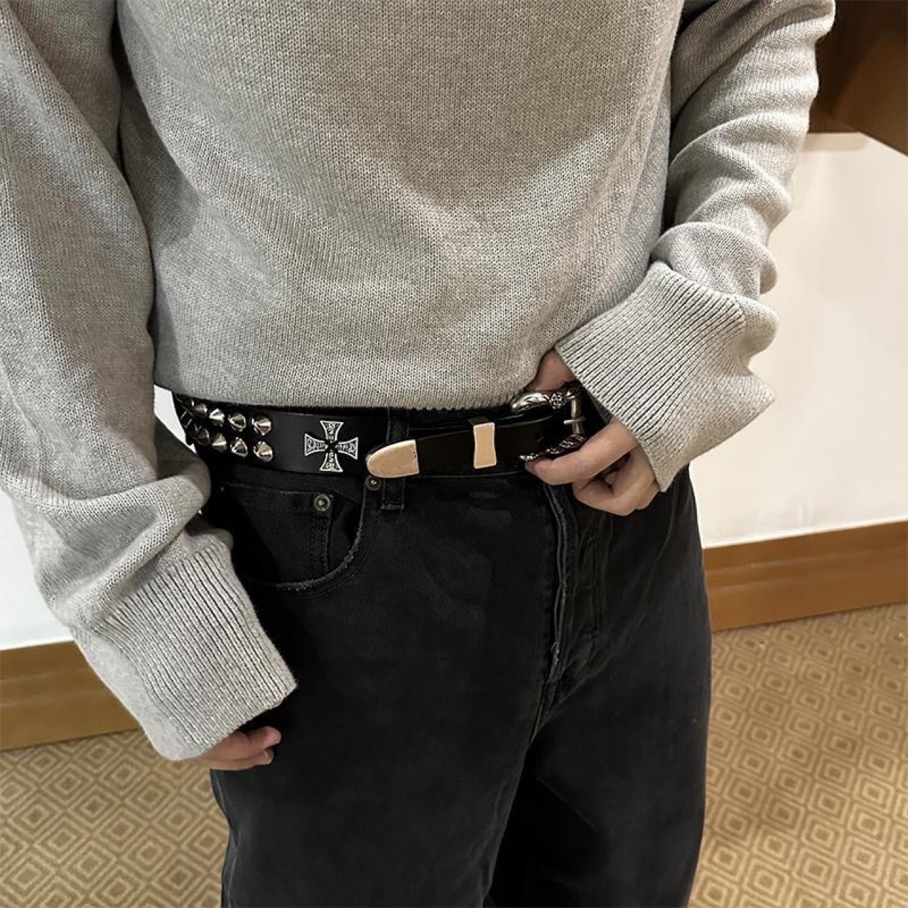 Premium ERD Melancholy New Double Stud Cross Imported Cowhide Punk Vintage Belt High-Quality - view 1