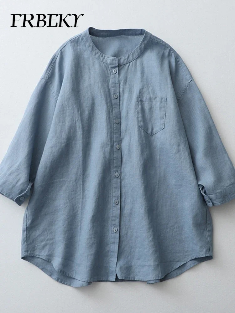 Summer Cotton Linen Solid Color Shirt Standup Collar Sevenminute Sleeve Loose Japanese Womens Blouse Oversized Vintage 260626 - view 6