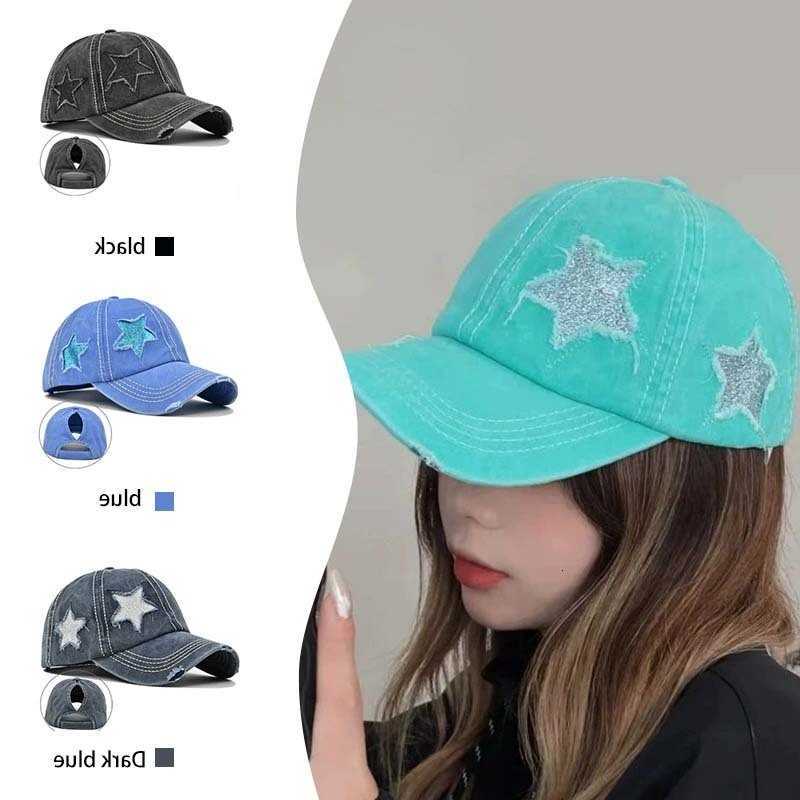 Washed Women Ponytail Baseball Cotton Sun Hat Female Pentagram Sequins Hip Hop SnapHats Adjustable Sport Hat Gorra M260626