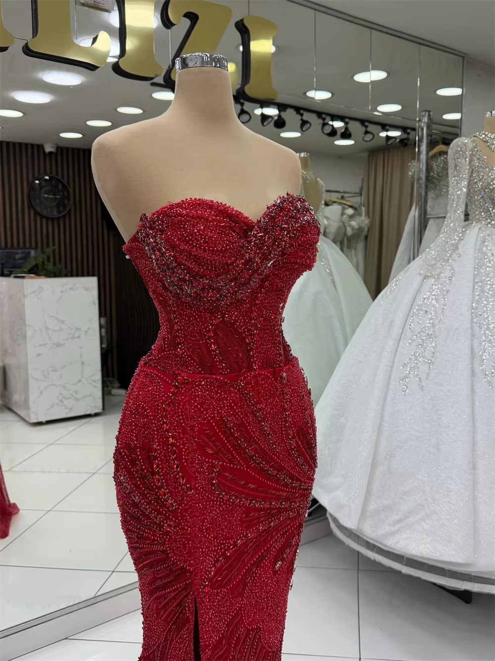 Classic Mermaid Evening Dresses For Women Sweetheart Neck Sleeveless Gown Sequins Beaded Sweep Train Dress Party Customized vestidos de novia - view 5