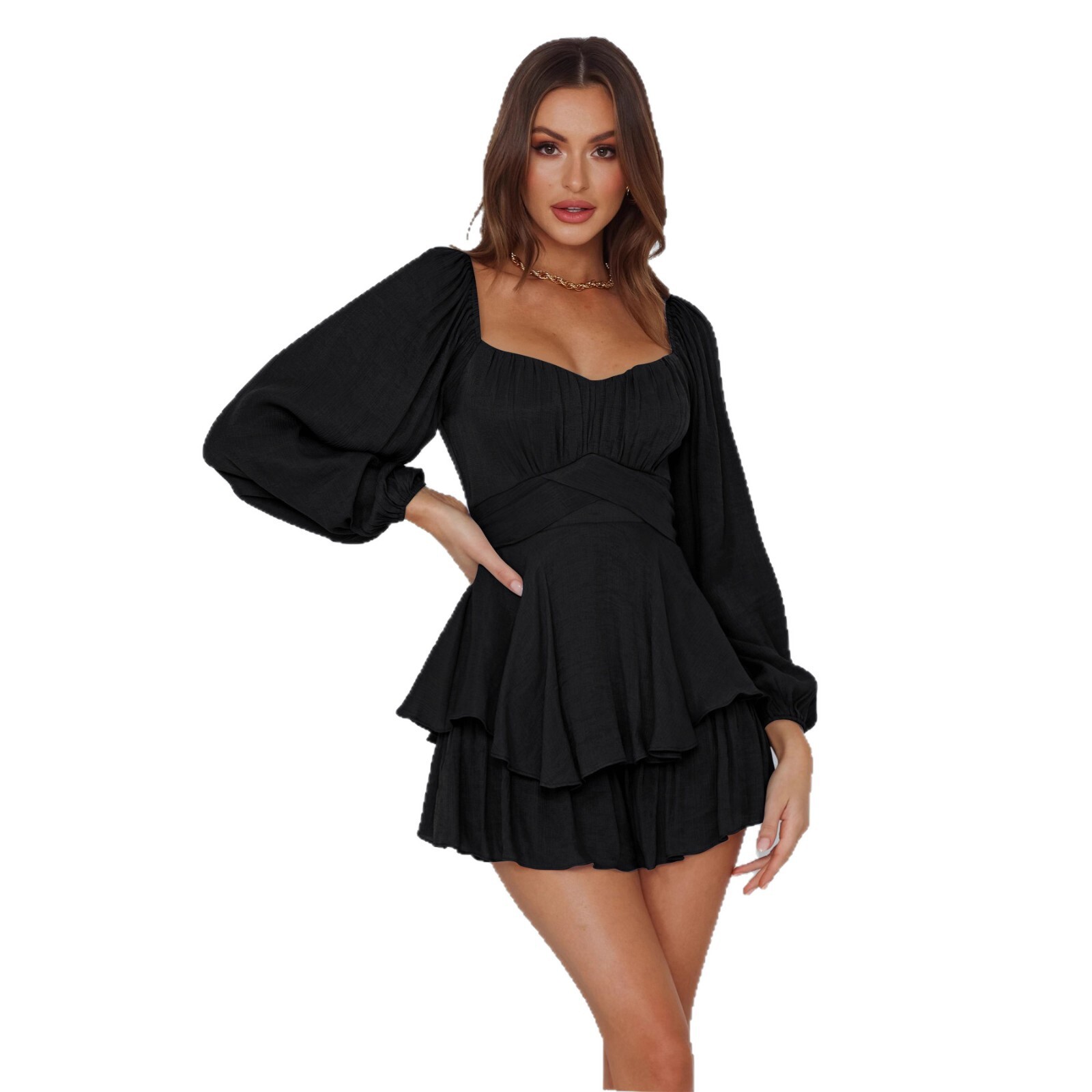 Urban fashion ruffle jumpsuit for women summer lantern long sleeves square neck waist-cinching stylish casual pant skirt - view 6