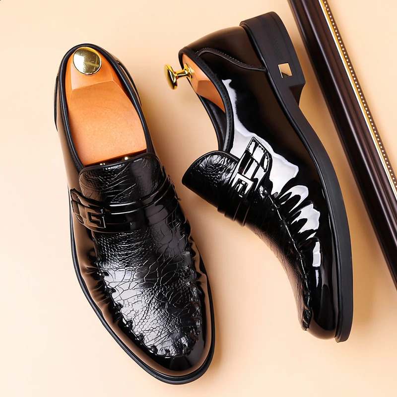 Mens Brown Pattern Dress Shoes Patent Leather Slipon Loafers Formal Business Wedding Oxfords for Men 260624 - view 4