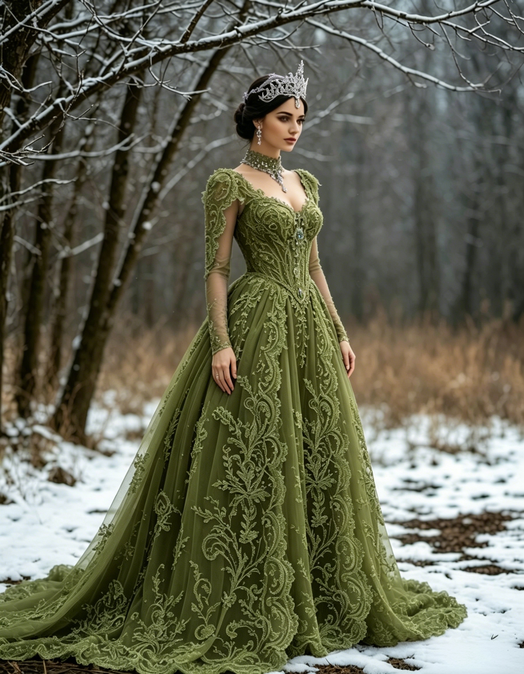 Fairytale Lace Medieval Wedding Dresses Long Sleeves Forset Princess Bridal Gown Lavender Olive Green Tulle A-Line Long Vintage Victorian Bride Dress - view 6