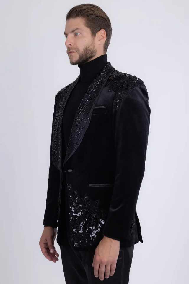 Gentleman Wedding Tuxedos Beaded Shawl Lapel 2 Piece Set Men Suit Fashion Velvet Jacket Pants Groom Evening Prom Blazers Customized - view 4