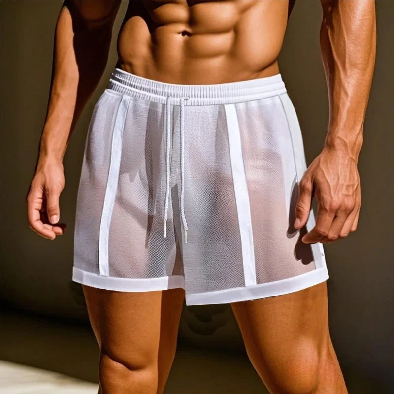 Mens Mesh See-through Sexy Shorts Fashion Patchwork Drawstring Beach Shorts Leisure Sport Shorts for Man Pajamas Home Underwear 260623 - view 6