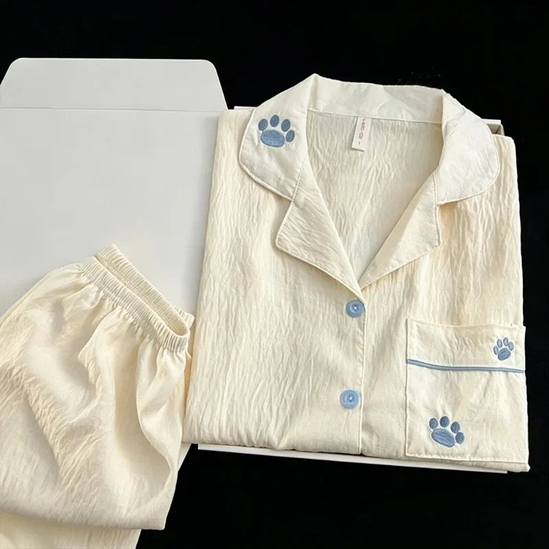 Harajuku Style Cute Embroidery Paw Womens Pajamas Set Short Sleeve Top Shorts Summer Sleepwear Soft Kawaii Loungewear 260625 - view 6