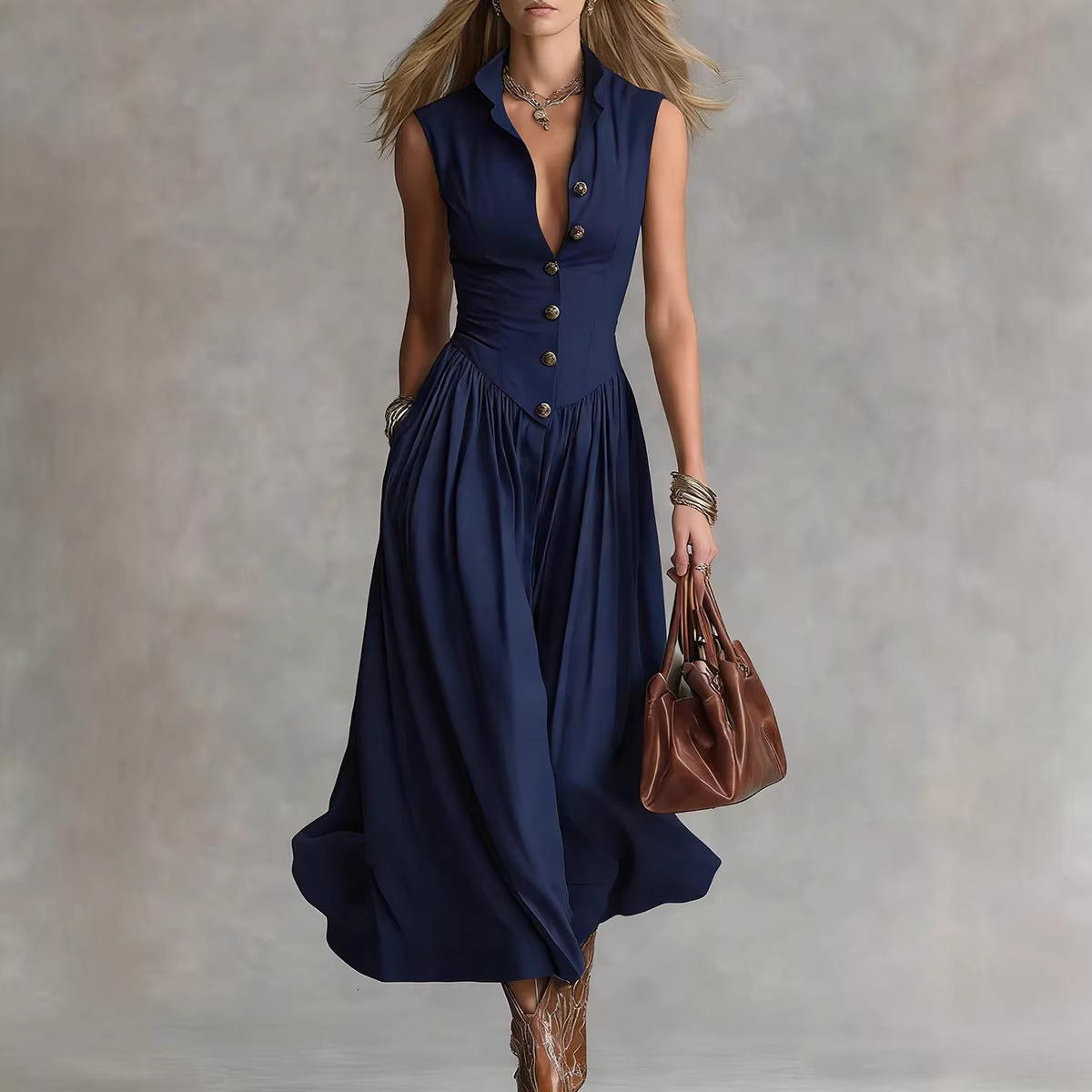 Spring and summer new French-style elegant goddess look slim-fit long sleeveless dress with a turn-down collar for women - view 3