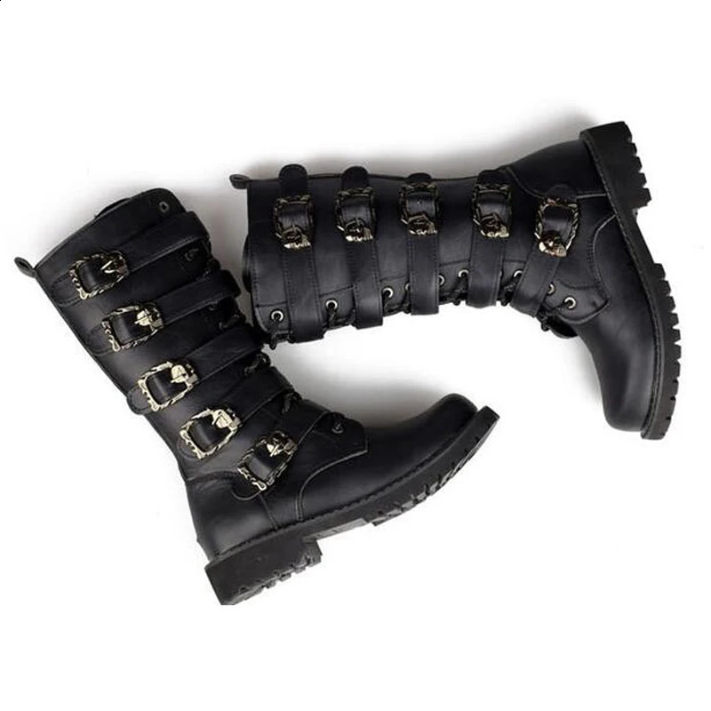 Winter Men Motorcycle Boots Fashion Mid-Calf Punk Rock Punk Shoes Mens PU Leather Black High top Casual Boot Man 260626 - view 5