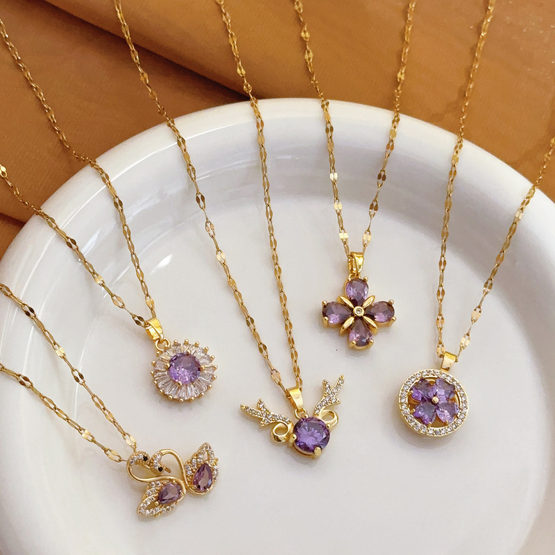 Necklace Titanium Steel Non Fading Versatile Fashion Necklace For Women 18K Gold Plated Micro Inlaid Zircon Four Leaf Clover Light Luxury Purple Colla - view 3