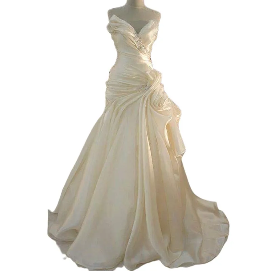 Elegant Ruched Mermaid Wedding Dresses Crystals Beaded Long Simple Bride Reception Gowns Pleats Sweetheart Satin Bride Dress Sleeveless Mb636 - view 3
