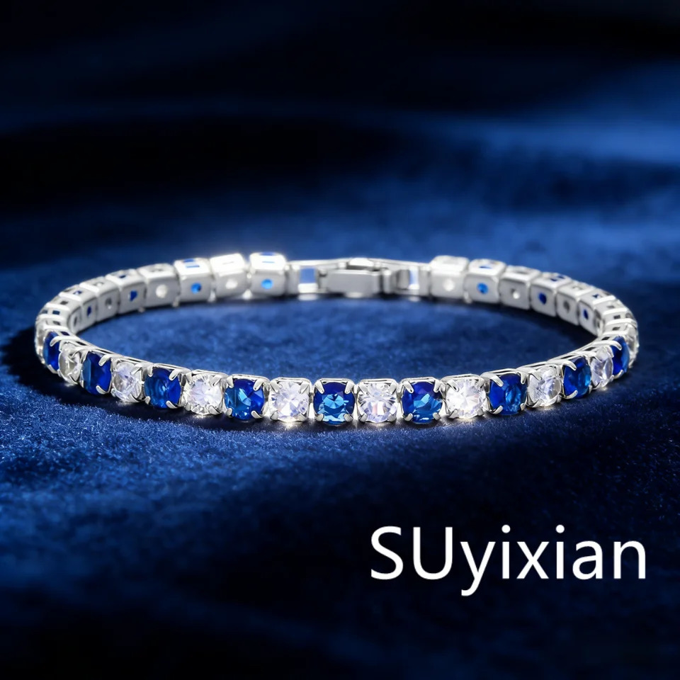 925 Sterling Silver Blue and White Zircon Tennis Bracelet Womens Elegant Wedding Jewelry Gifts Suitable for Party Wear 260626