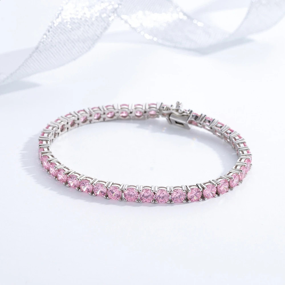 Wong Rain Solid 925 Sterling Silver 5MM Lab Pink Sapphire High Carbon Diamonds Gemstone Tennis Chain Bracelets Fine Jewelry 260626 - view 3