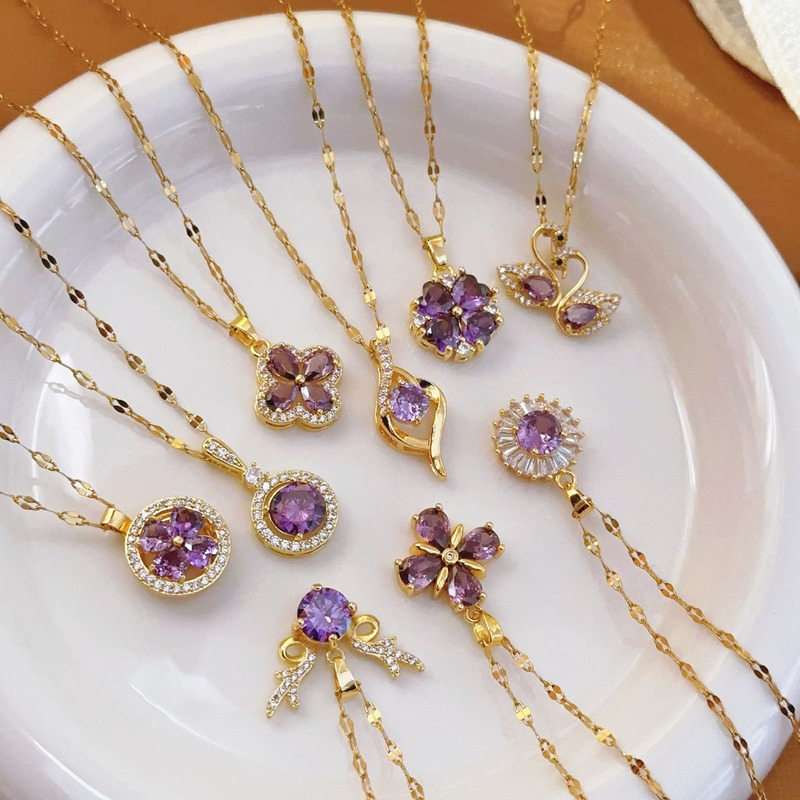 Necklace Titanium Steel Non Fading Versatile Fashion Necklace For Women 18K Gold Plated Micro Inlaid Zircon Four Leaf Clover Light Luxury Purple Colla - view 1