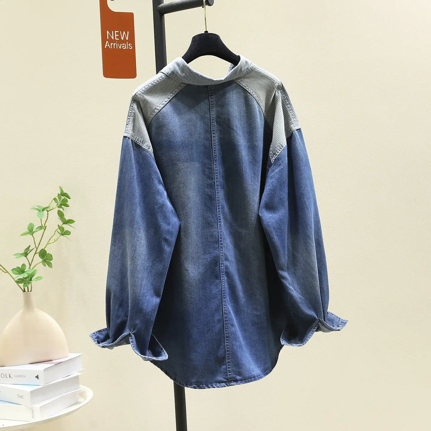 SuperAen Mid-length Vintage Striped Patchwork Denim Blue Shirt for Women 2026 Spring n Loose Shirt Tops 260626