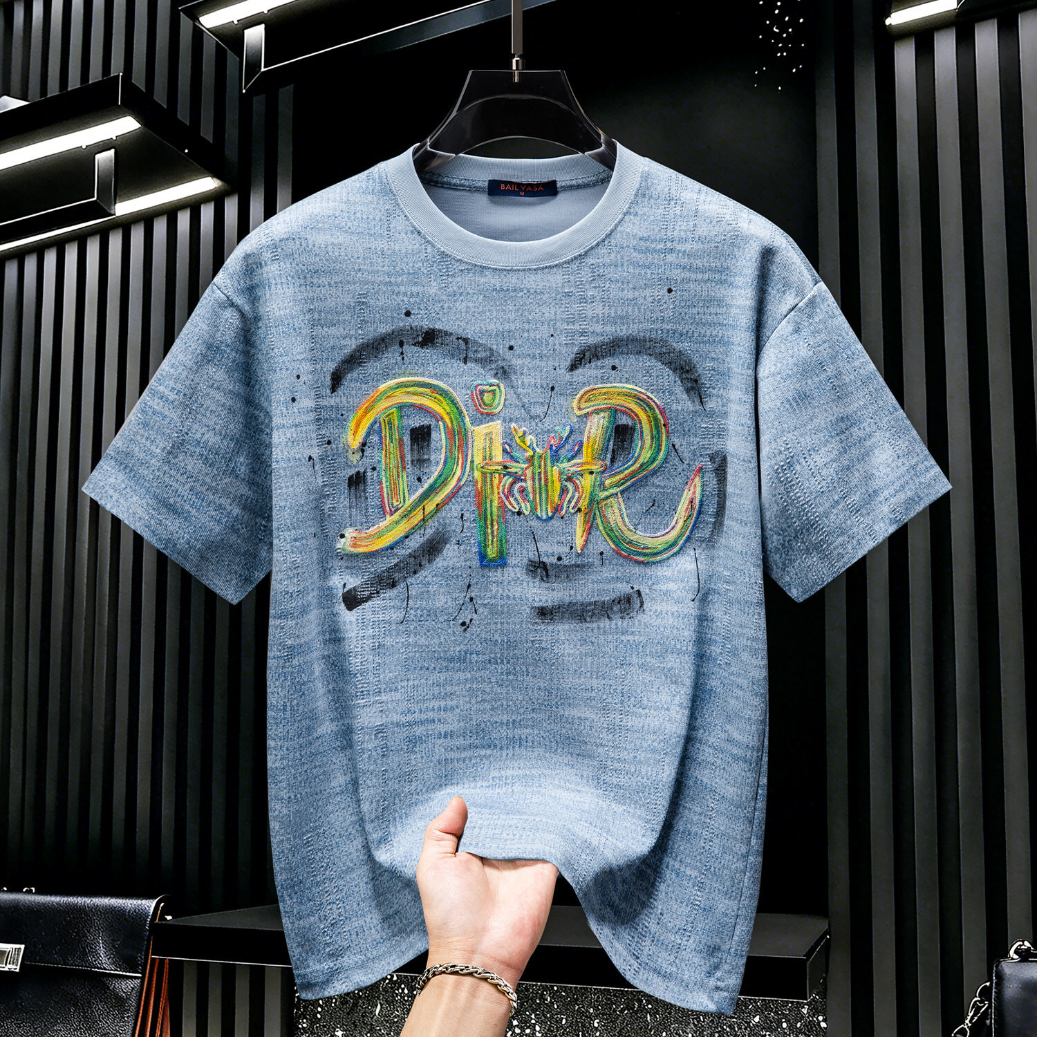 Men's High-End Embroidered Graffiti Short-Sleeve T-Shirt, New Summer Trendy Brand, Light Luxury Breathable Half-Sleeve Top - view 3