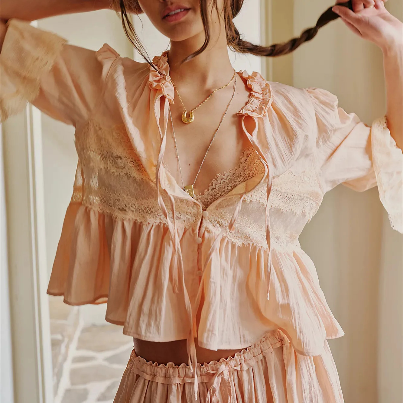 Womens Half Sleeve Loose Shirt Sheer Lace Patchwork Tie-up Bow Peplum Tops for Summer Embroidered Eyelet Peasant Blouses 260626 - view 7