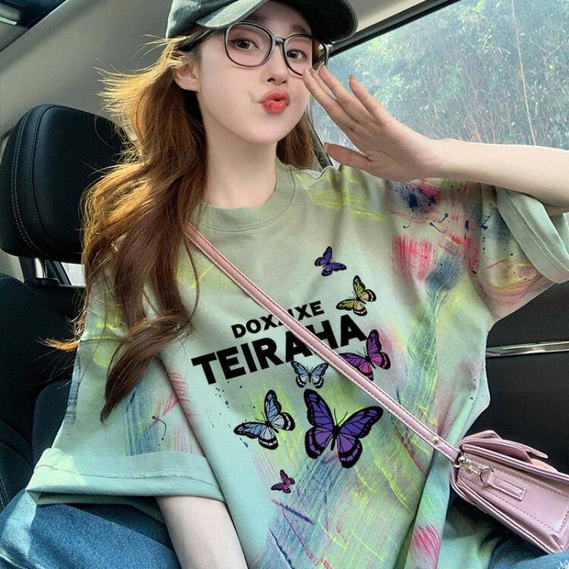 Women's Avocado Green Graphic T-Shirt, 100% Cotton - Butterfly Petal Sleeve Top with Butterfly Print, Casual Short Sleeve Shirt for Daily Outfits and 