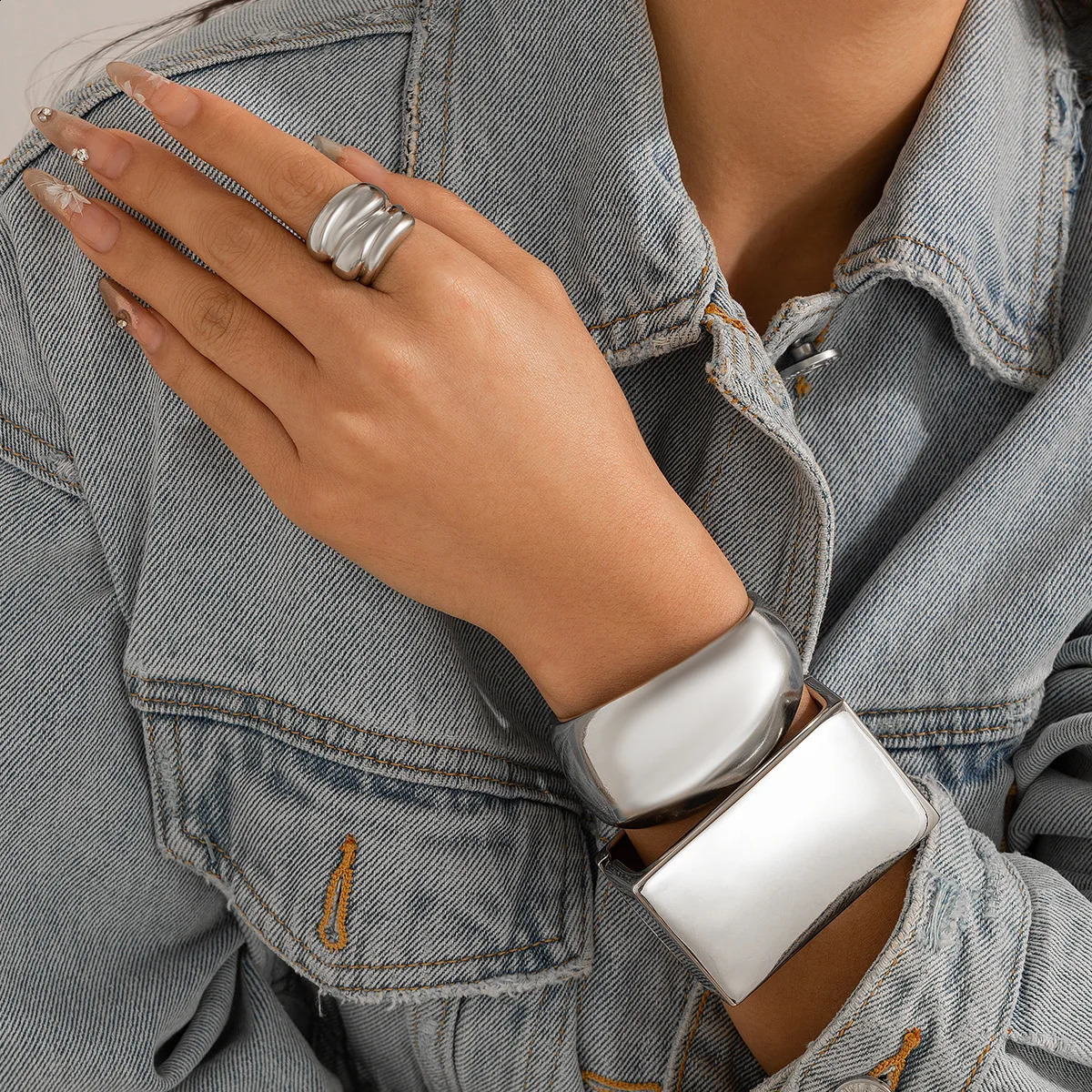 KMVEXO Exaggerated Alloy Open Cuff Bracelet Bangle For Women y Big Bracelets Gold Silver Color Manchette Grunge Jewelry 260623 - view 3