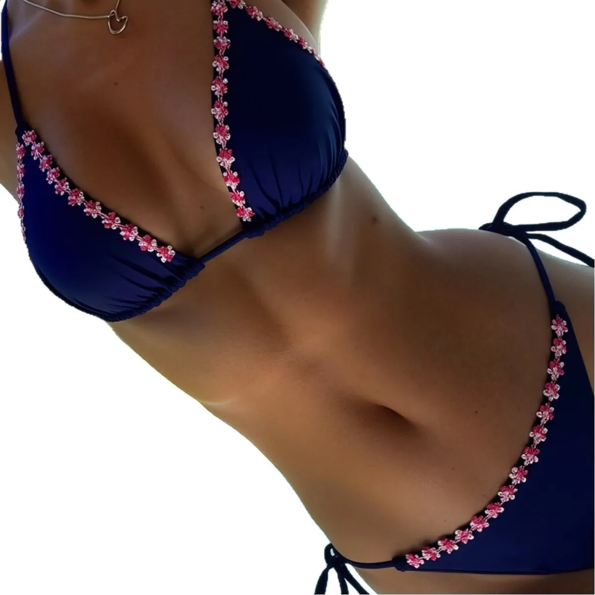 2026 Solid Color Bikini Set Adjustable Triangle Top Side Tie Minimalist Swimsuit Women with Layered Pendant Beach 260626 - view 6