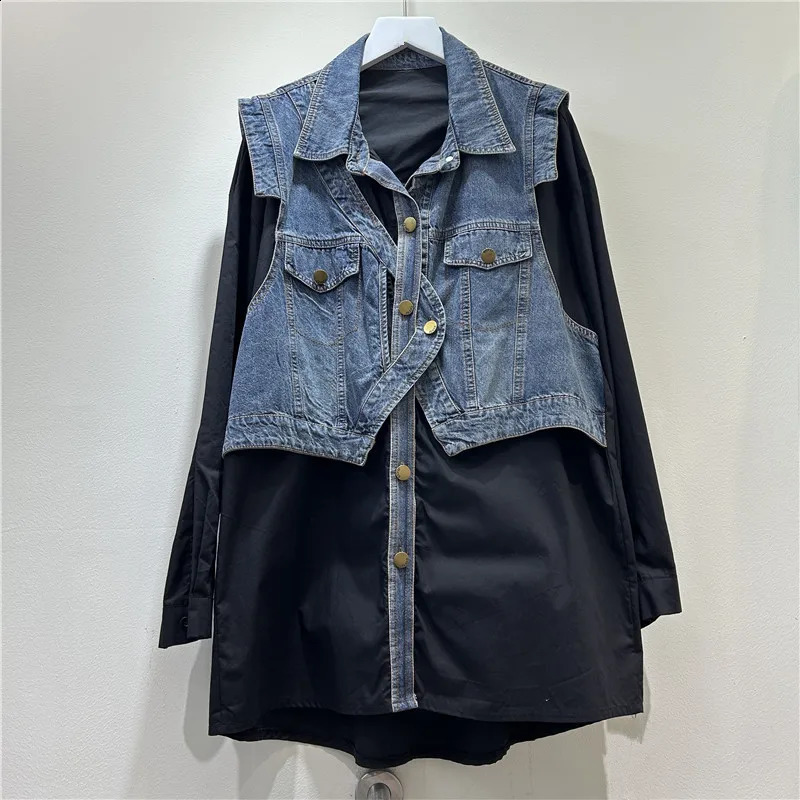 SuperAen Two-piece Denim Vest Patchwork Shirt Jacket for Women Spring and Autumn Loose and Retro Oversize Shirts 260626 - view 1