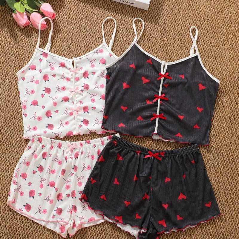 Womens Pajamas Set Sleepwear Short Tank Tops And Shorts S M L XL White Ventilate Soft Casual Love Printing Women 260625 - view 5