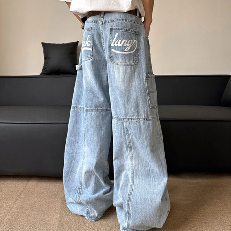 American Retro Letter Printed Baggy Cargo Jeans For Men Y2K Streetwear Straight Blue Denim Pantalones Cleanfit Fashion Jean 260625