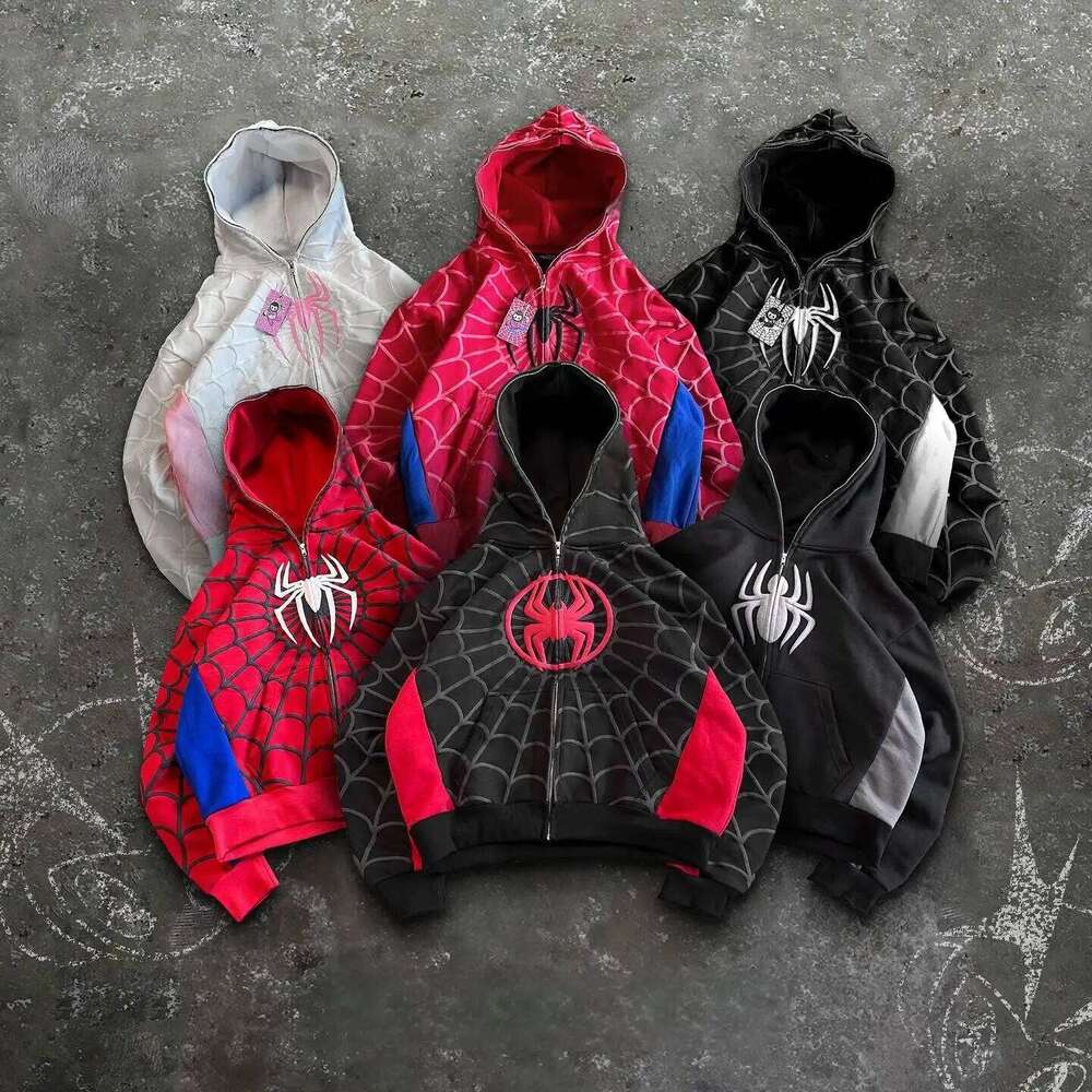 Retro Spider Patchwork Print Hoodies Fashion Oversized Loose Full Zipper Hoodie Men Jacket Gothic American Street Y2k Sweatshirt W260626 - view 6