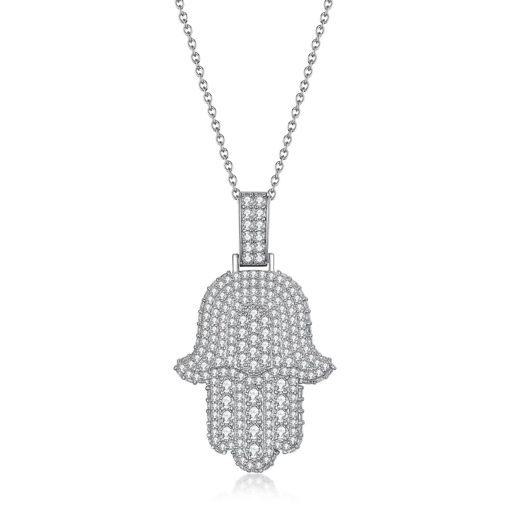 925 Silver Hamsa Pendant Necklace for Women Hip-Hop Style Cubic Moissanite Diamond Gold Rhodium Plated Christian Religious Peace Design - view 3