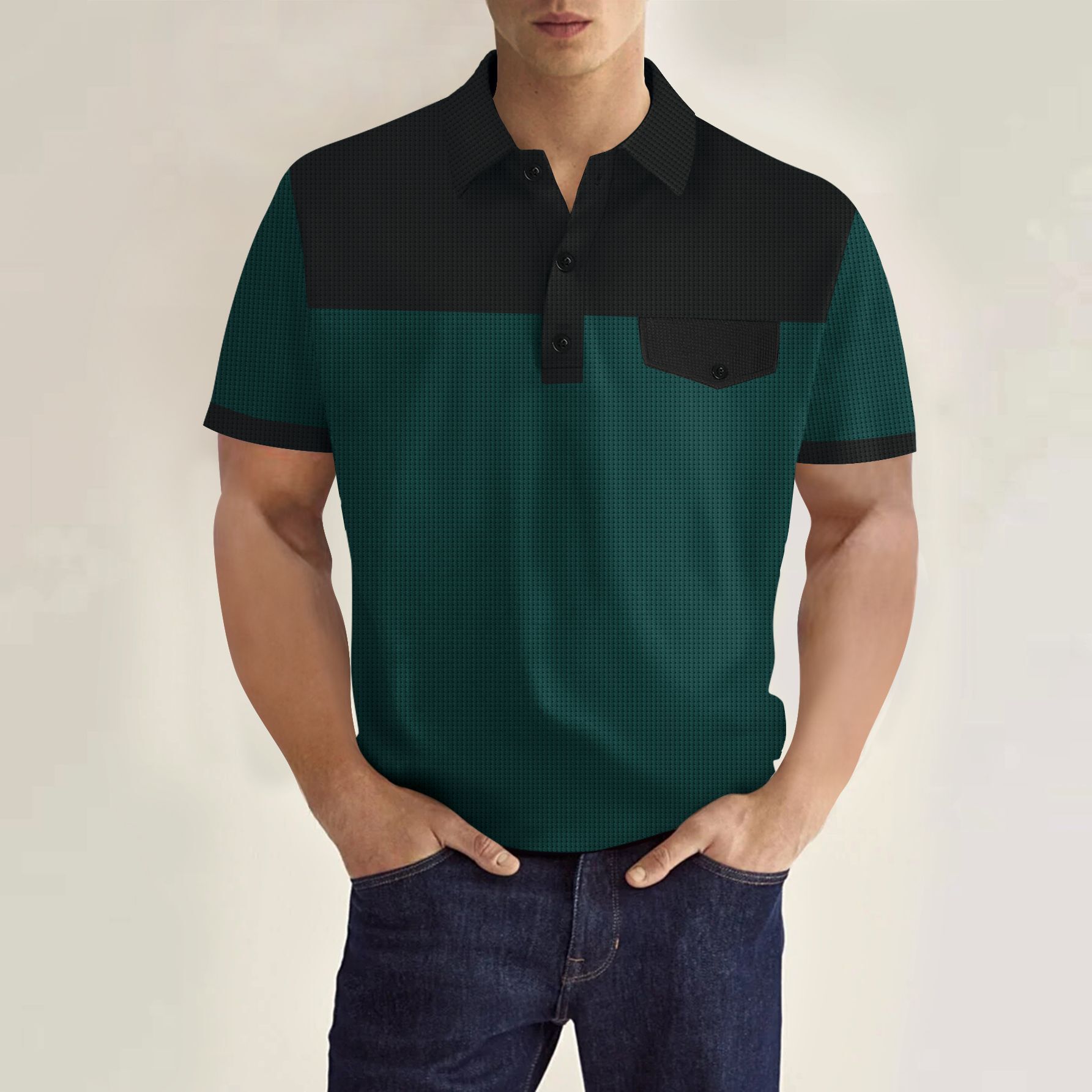 2026 European New Men's Waffle Collar Polo Shirt With Patchwork And Faux Pocket Buttons On The Chest - view 4